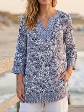 Sigrid Olsen Linen Tunic Top Size 2X Blue White Coastal Boho Tropical Resortwear